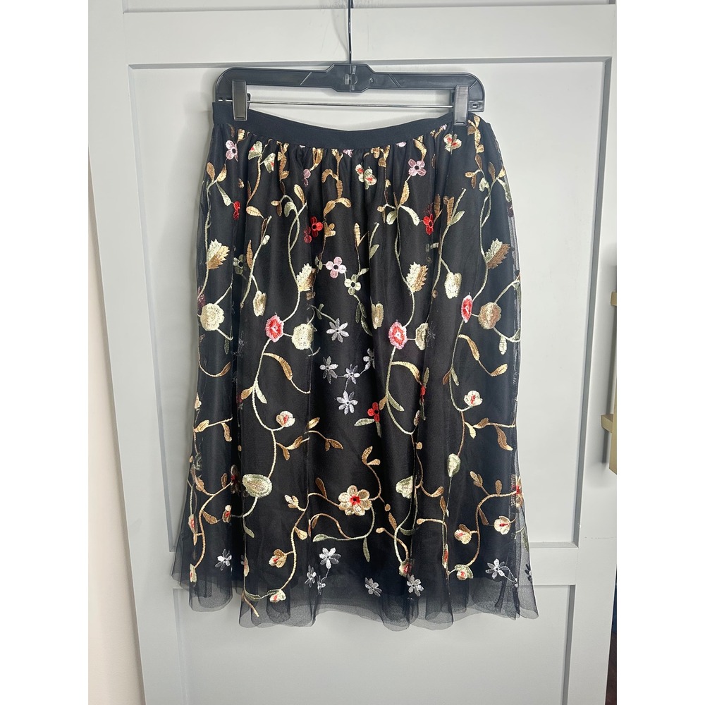 See You Monday Embroidered Tulle Midi Skirt Black Floral Whimsigoth ALine Size L